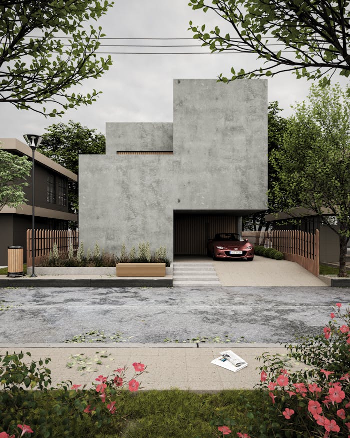 Explore this modern minimalist concrete house design with garage and garden.