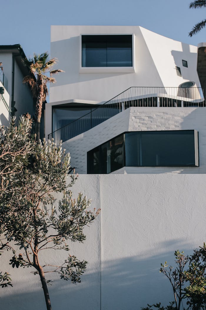 Contemporary white-walled house with modern architecture at Bondi Beach, Australia.