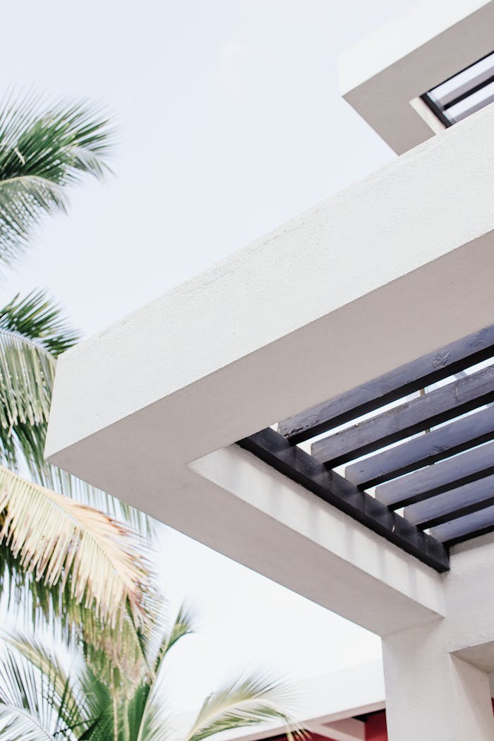 Low-angle shot of modern architectural structure with palm trees under clear sky.